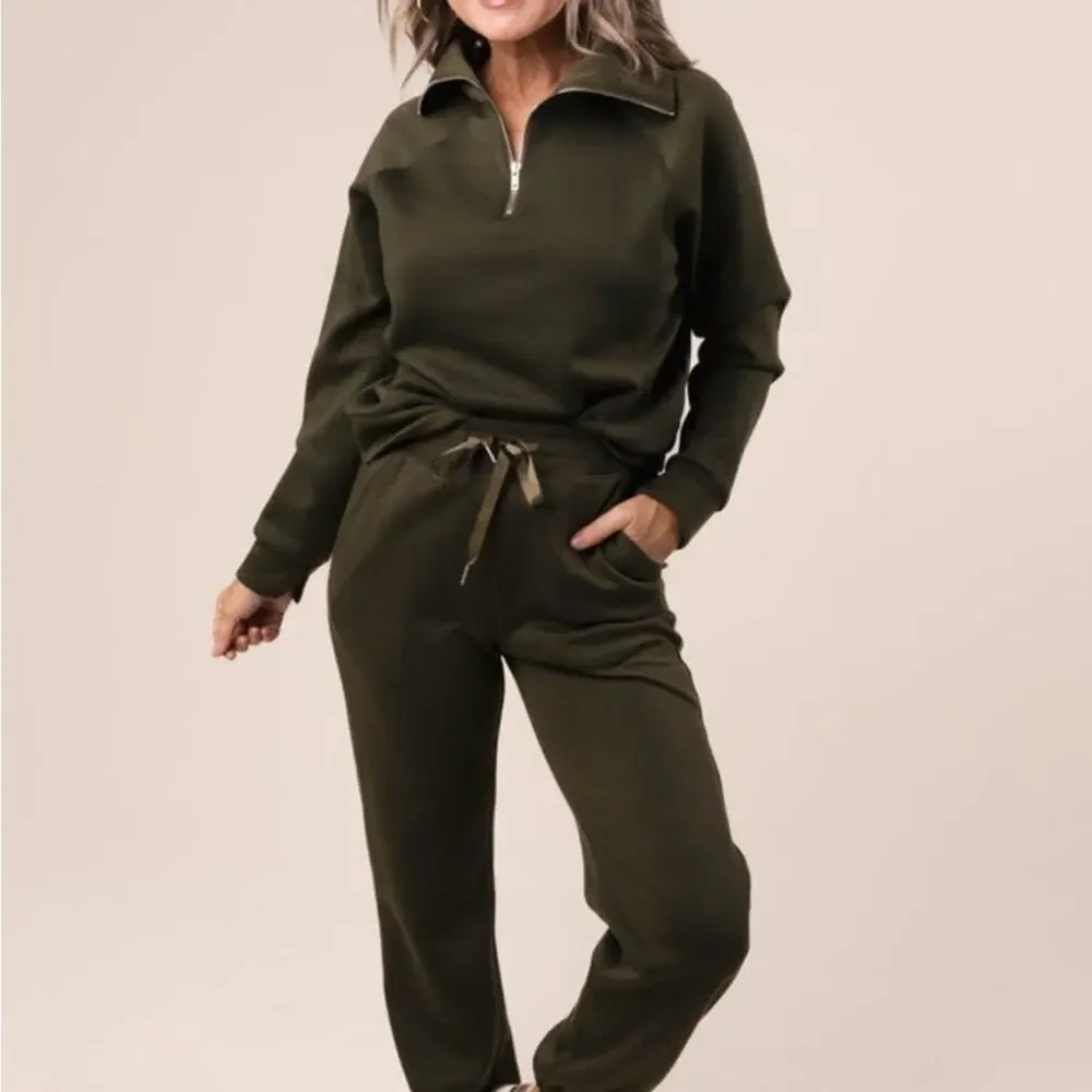 Dear Scarlett‎ Large Olive Green Hamptons Quarter Zip Pullover NWT